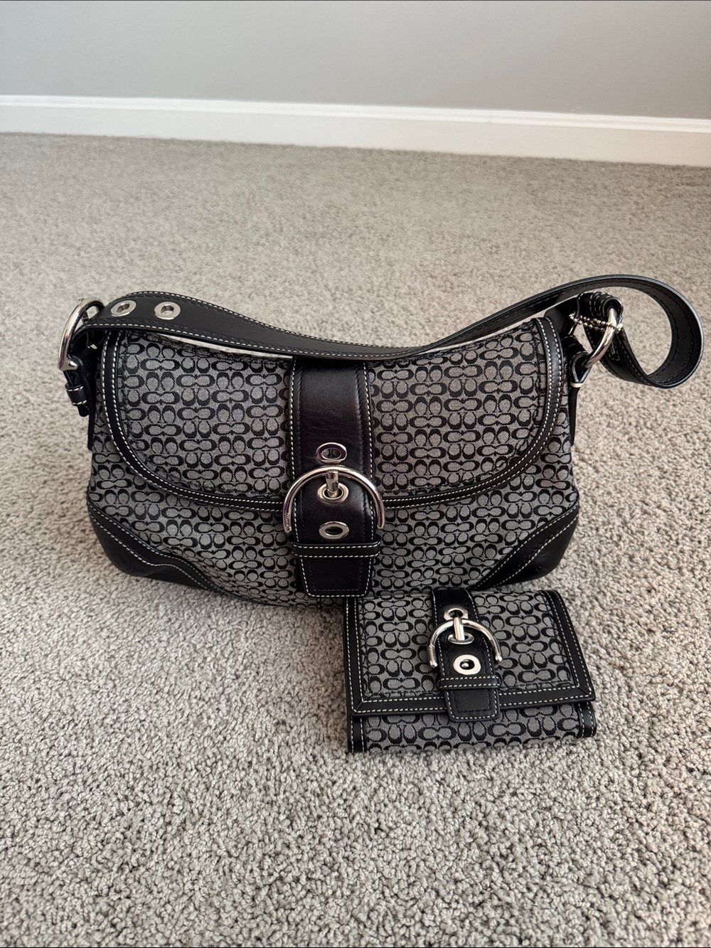 Vintage Coach Black Signature Canvas Shoulder Bag with Matching Wallet